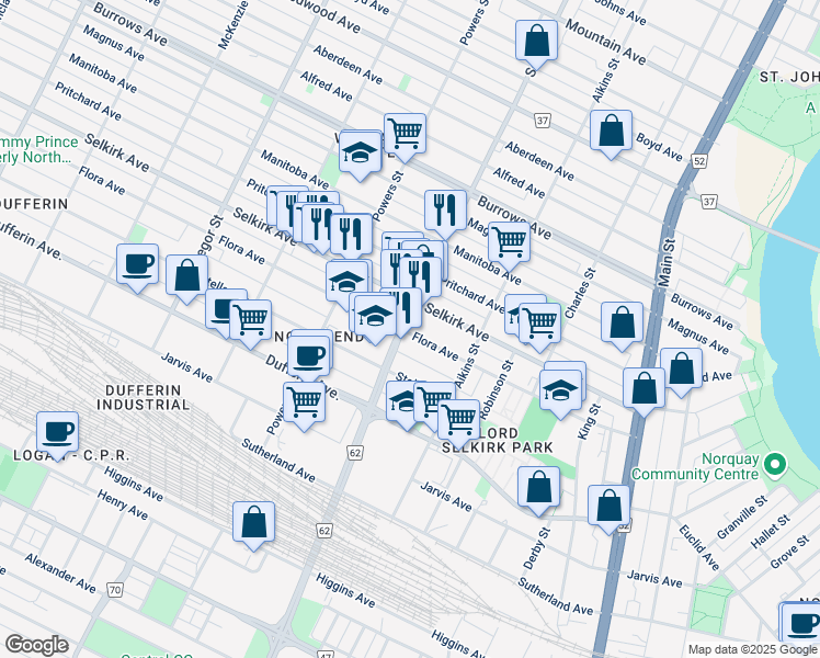 map of restaurants, bars, coffee shops, grocery stores, and more near 121 Salter Street in Winnipeg