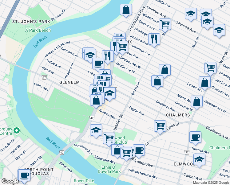 map of restaurants, bars, coffee shops, grocery stores, and more near 179 Johnson Avenue West in Winnipeg