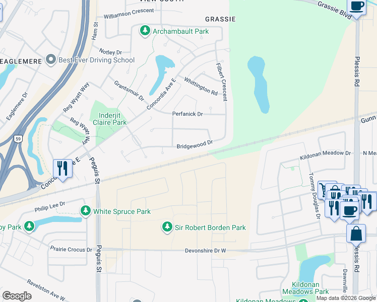map of restaurants, bars, coffee shops, grocery stores, and more near 123 Bridgewood Drive in Winnipeg
