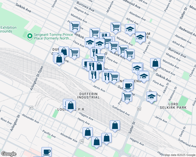 map of restaurants, bars, coffee shops, grocery stores, and more near 586 Dufferin Avenue in Winnipeg