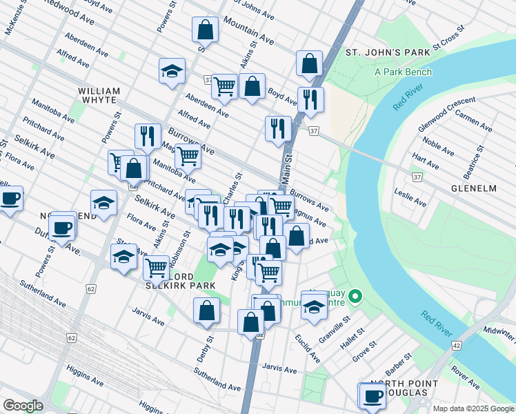 map of restaurants, bars, coffee shops, grocery stores, and more near 247 Manitoba Avenue in Winnipeg