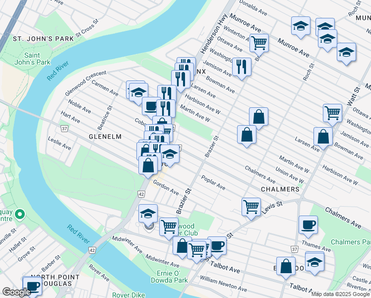 map of restaurants, bars, coffee shops, grocery stores, and more near 179 Johnson Avenue West in Winnipeg