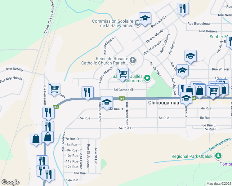 map of restaurants, bars, coffee shops, grocery stores, and more near 794 Boulevard Campbell in Chibougamau