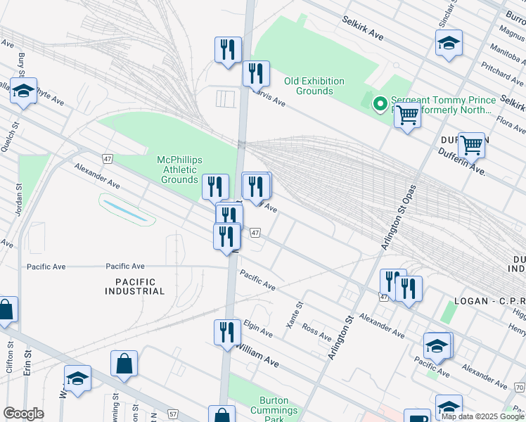 map of restaurants, bars, coffee shops, grocery stores, and more near 33 Warnock Street in Winnipeg