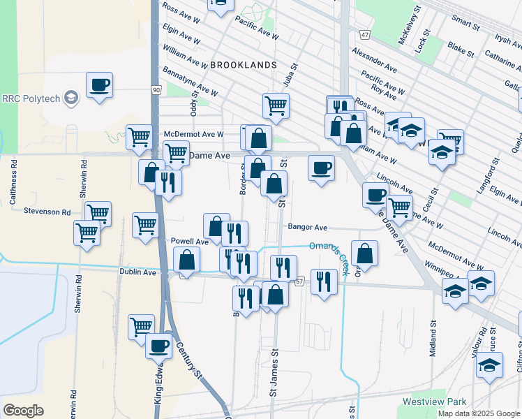 map of restaurants, bars, coffee shops, grocery stores, and more near 1698 St James St in Winnipeg