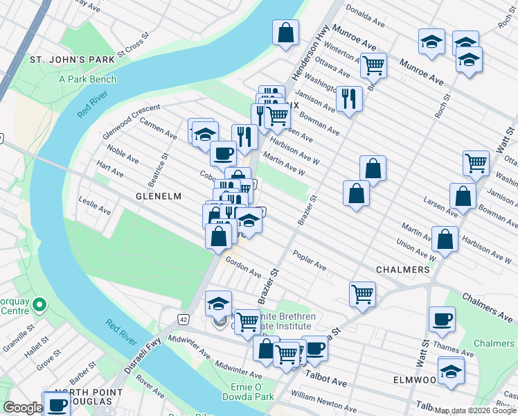 map of restaurants, bars, coffee shops, grocery stores, and more near 161 Johnson Avenue West in Winnipeg
