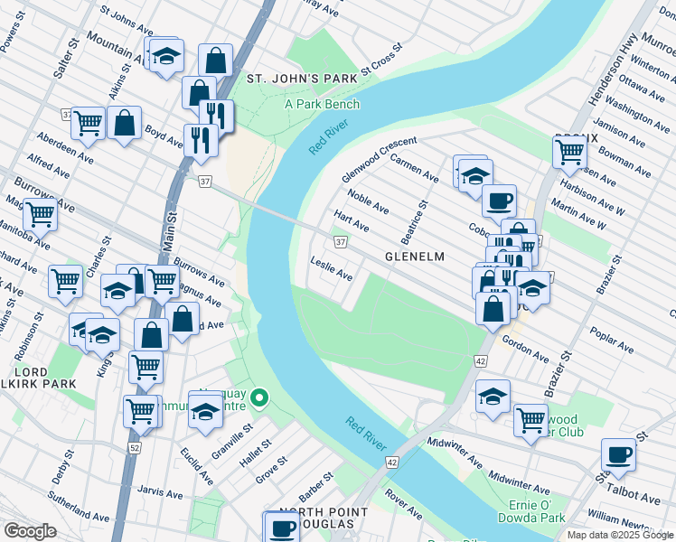 map of restaurants, bars, coffee shops, grocery stores, and more near 23 Leslie Avenue in Winnipeg