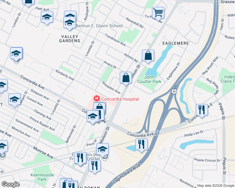 map of restaurants, bars, coffee shops, grocery stores, and more near 1133 Kimberly Avenue in Winnipeg