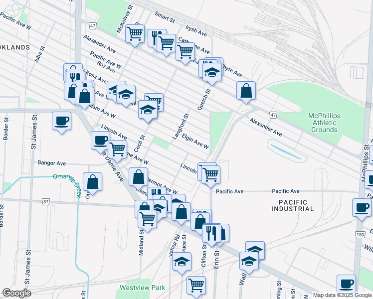 map of restaurants, bars, coffee shops, grocery stores, and more near 1393 William Avenue West in Winnipeg