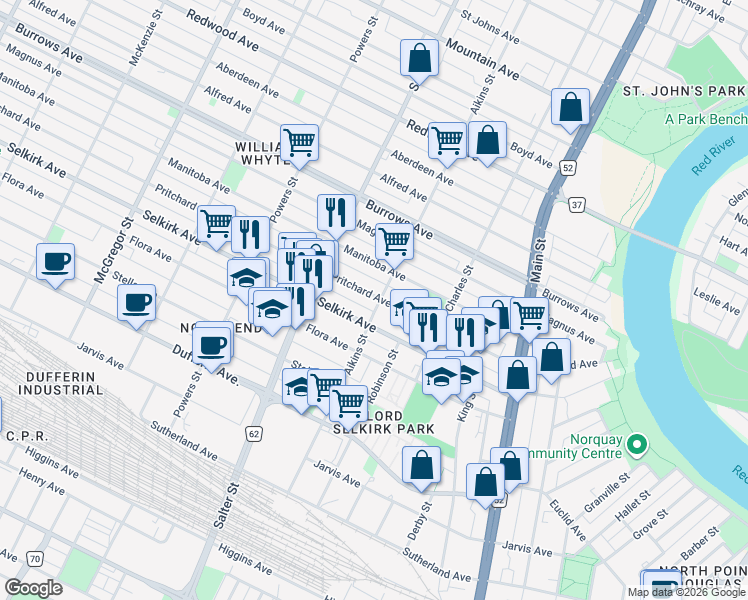 map of restaurants, bars, coffee shops, grocery stores, and more near 158 Aikins Street in Winnipeg