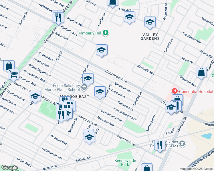 map of restaurants, bars, coffee shops, grocery stores, and more near 887 Consol Avenue in Winnipeg