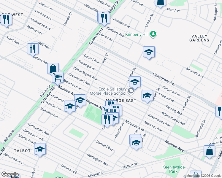 map of restaurants, bars, coffee shops, grocery stores, and more near 732 Prince Rupert Avenue in Winnipeg