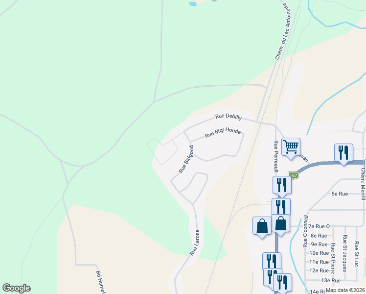 map of restaurants, bars, coffee shops, grocery stores, and more near 105 Rue Monseigneur Houde in Chibougamau