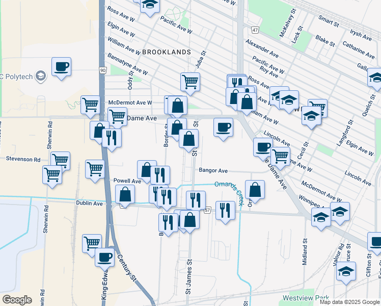 map of restaurants, bars, coffee shops, grocery stores, and more near 1698 Saint James Street in Winnipeg