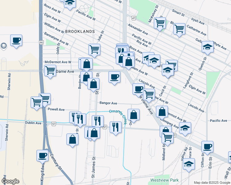 map of restaurants, bars, coffee shops, grocery stores, and more near 44 Bangor Ave in Winnipeg
