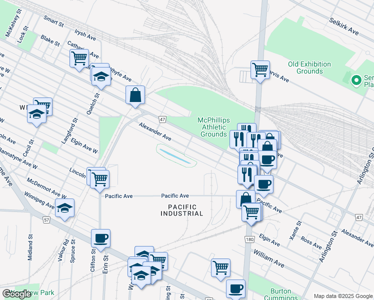 map of restaurants, bars, coffee shops, grocery stores, and more near 1222 Alexander Avenue in Winnipeg