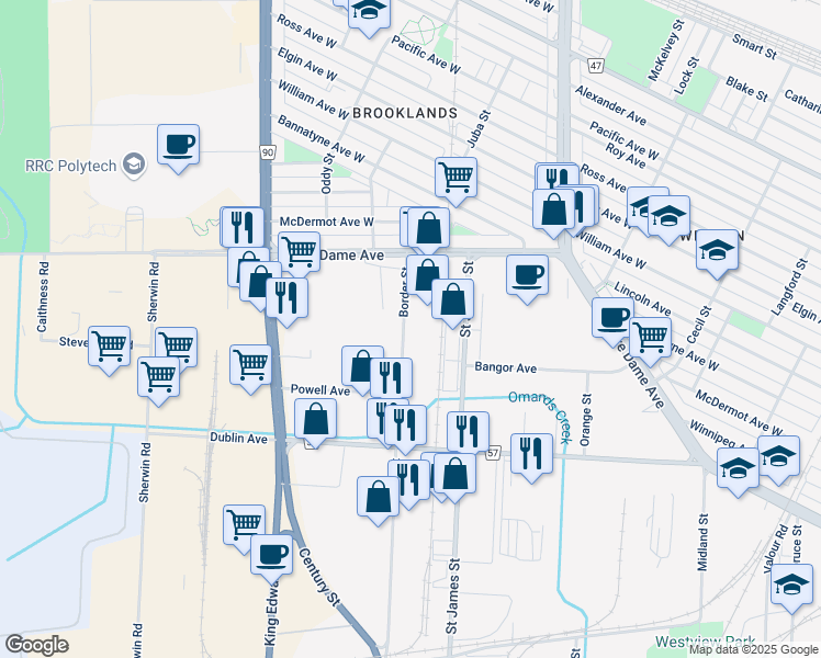 map of restaurants, bars, coffee shops, grocery stores, and more near 1369 Border Street in Winnipeg