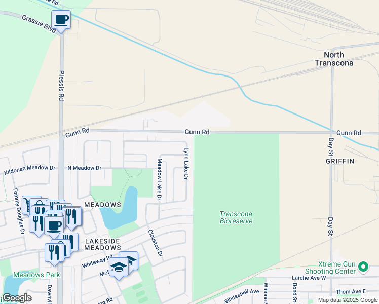 map of restaurants, bars, coffee shops, grocery stores, and more near 131 Lynn Lake Drive in Winnipeg