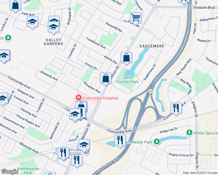 map of restaurants, bars, coffee shops, grocery stores, and more near 79 Timberline Drive in Winnipeg