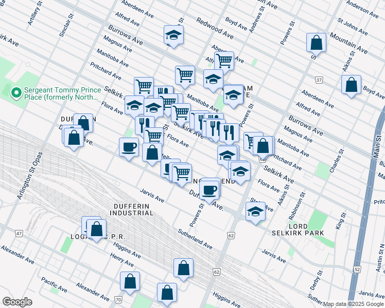 map of restaurants, bars, coffee shops, grocery stores, and more near 546 Flora Avenue in Winnipeg