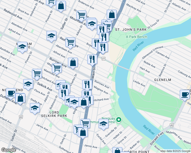 map of restaurants, bars, coffee shops, grocery stores, and more near 181 Alfred Avenue in Winnipeg