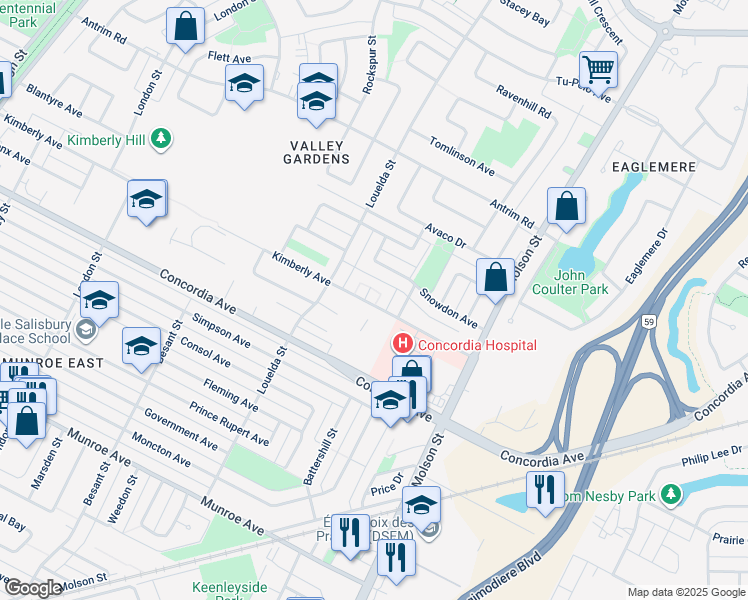 map of restaurants, bars, coffee shops, grocery stores, and more near 5 Oak Park Walk in Winnipeg