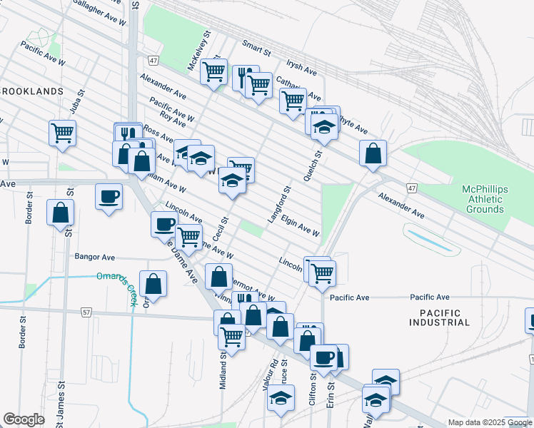 map of restaurants, bars, coffee shops, grocery stores, and more near 1450 Elgin Avenue West in Winnipeg
