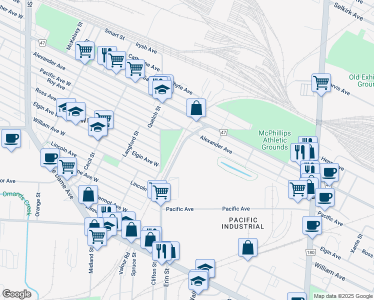 map of restaurants, bars, coffee shops, grocery stores, and more near 301 Weston Street in Winnipeg
