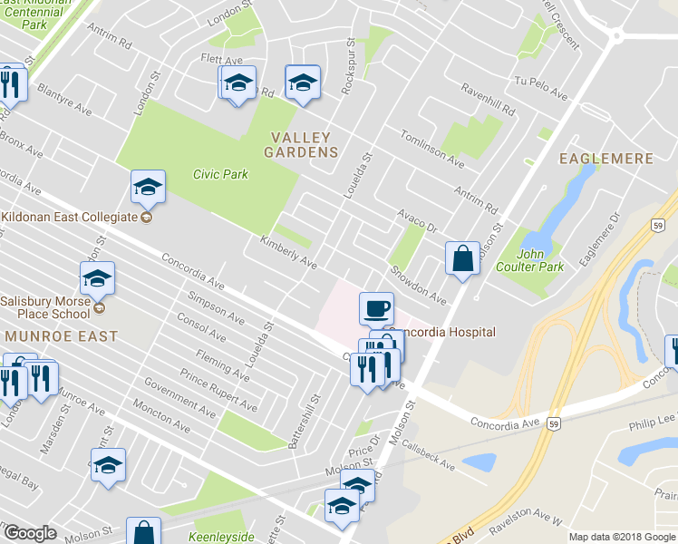 map of restaurants, bars, coffee shops, grocery stores, and more near 5 Oak Park Walk in Winnipeg
