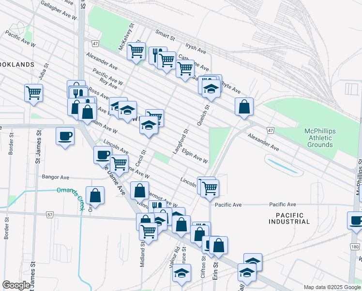 map of restaurants, bars, coffee shops, grocery stores, and more near 1431 Elgin Avenue West in Winnipeg