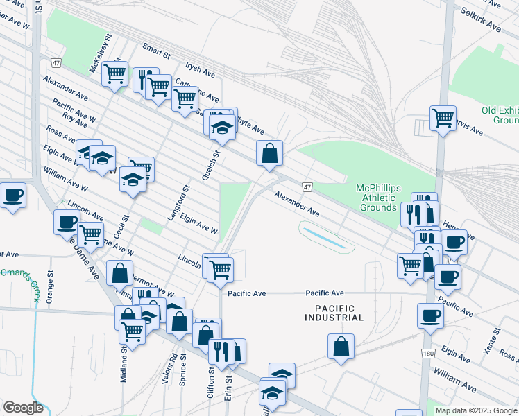 map of restaurants, bars, coffee shops, grocery stores, and more near 301 Weston St in Winnipeg