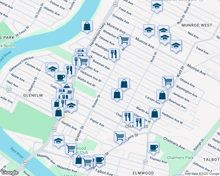 map of restaurants, bars, coffee shops, grocery stores, and more near 246 Harbison Avenue West in Winnipeg