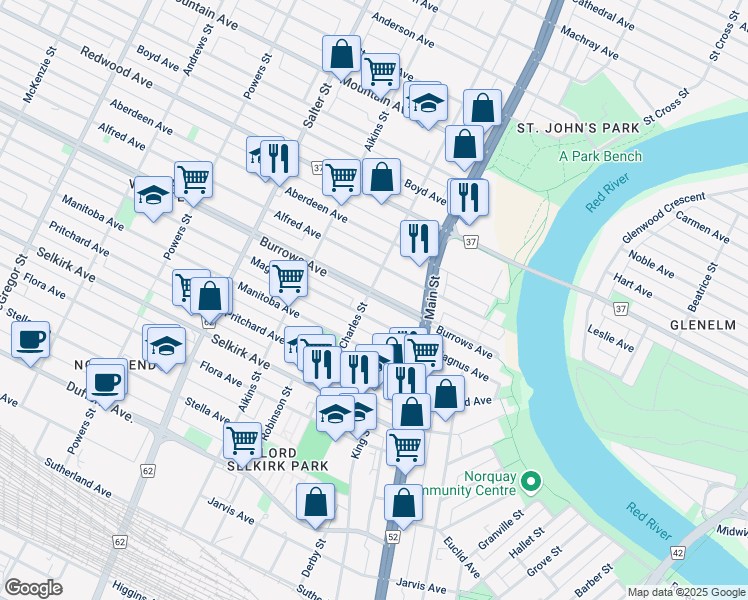map of restaurants, bars, coffee shops, grocery stores, and more near 286 Burrows Avenue in Winnipeg