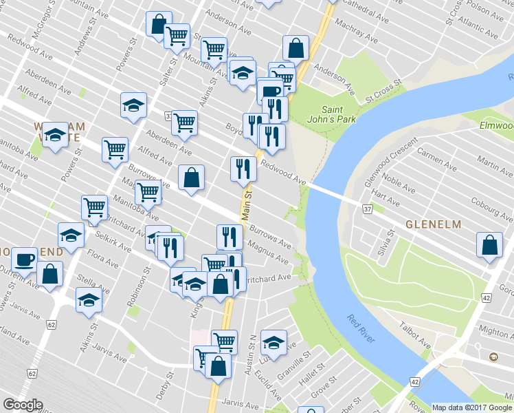 map of restaurants, bars, coffee shops, grocery stores, and more near 181 Alfred Avenue in Winnipeg