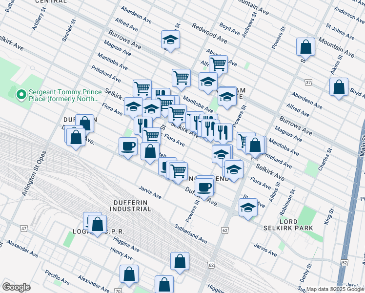 map of restaurants, bars, coffee shops, grocery stores, and more near 546 Flora Avenue in Winnipeg