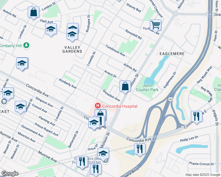 map of restaurants, bars, coffee shops, grocery stores, and more near 17 Rudolph Bay in Winnipeg