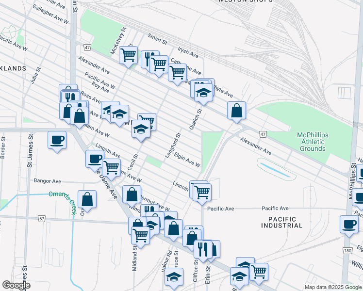 map of restaurants, bars, coffee shops, grocery stores, and more near 1422 Ross Avenue West in Winnipeg