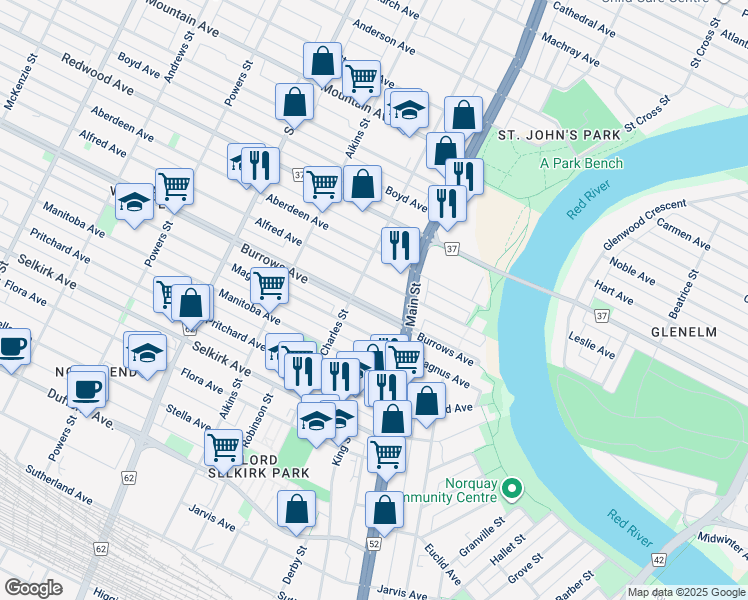 map of restaurants, bars, coffee shops, grocery stores, and more near 286 Burrows Avenue in Winnipeg