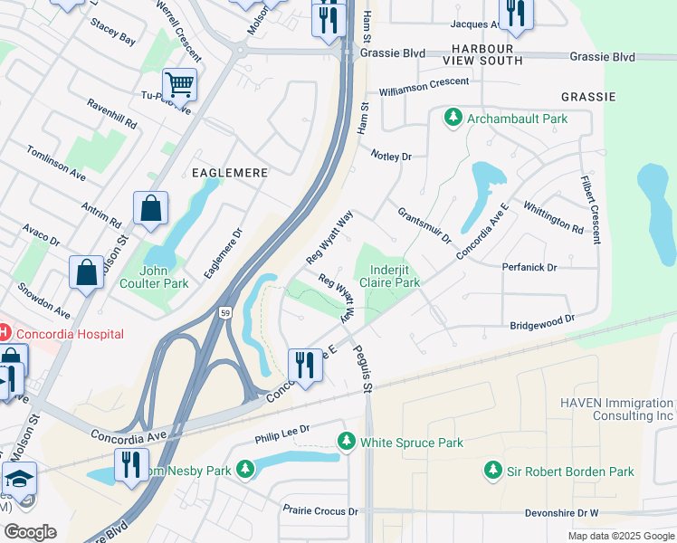 map of restaurants, bars, coffee shops, grocery stores, and more near Robert Blaikie Place in Winnipeg