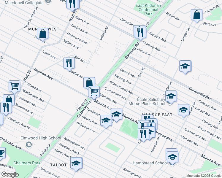 map of restaurants, bars, coffee shops, grocery stores, and more near 629 Government Avenue in Winnipeg