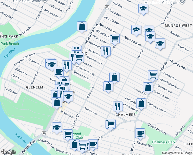 map of restaurants, bars, coffee shops, grocery stores, and more near 228 Harbison Avenue West in Winnipeg