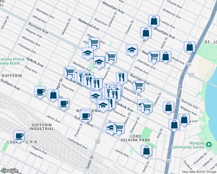 map of restaurants, bars, coffee shops, grocery stores, and more near 441 Pritchard Avenue in Winnipeg