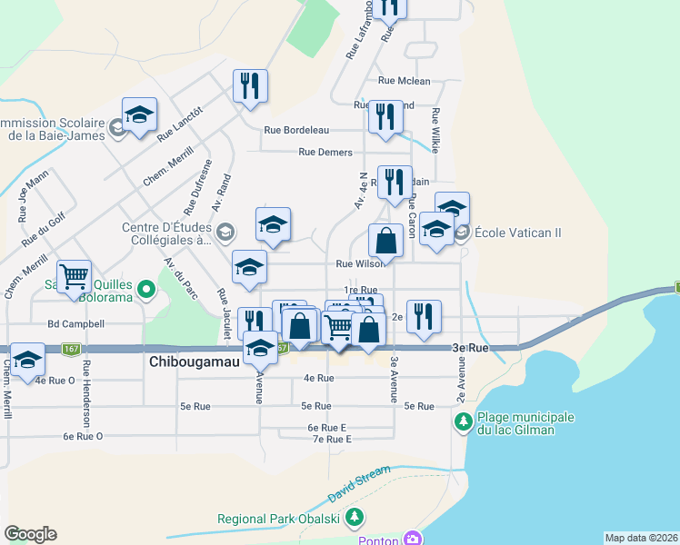 map of restaurants, bars, coffee shops, grocery stores, and more near 458 Rue Wilson in Chibougamau