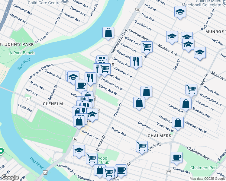 map of restaurants, bars, coffee shops, grocery stores, and more near 203 Martin Avenue West in Winnipeg