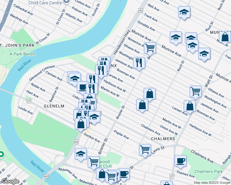 map of restaurants, bars, coffee shops, grocery stores, and more near 203 Martin Avenue West in Winnipeg
