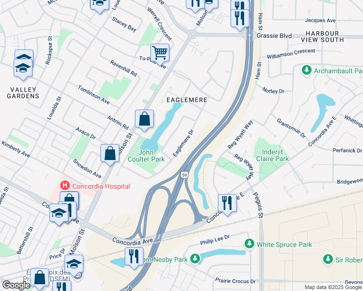 map of restaurants, bars, coffee shops, grocery stores, and more near Eaglemere Drive in Winnipeg