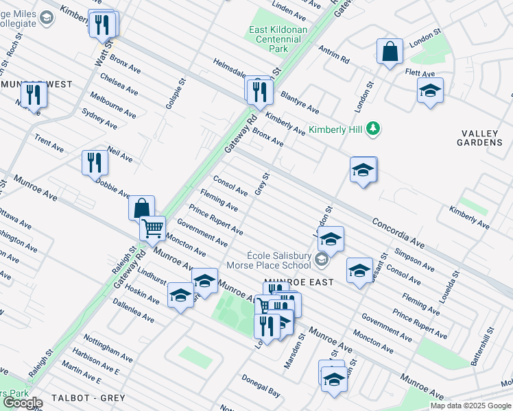 map of restaurants, bars, coffee shops, grocery stores, and more near 702 Consol Avenue in Winnipeg