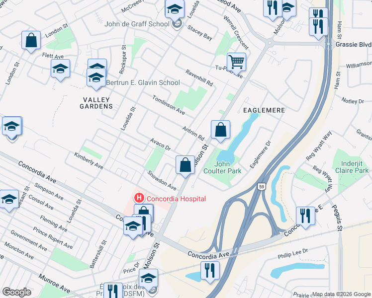 map of restaurants, bars, coffee shops, grocery stores, and more near 17 Henrietta Street in Winnipeg