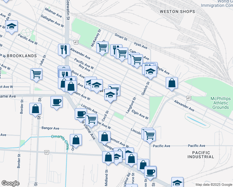 map of restaurants, bars, coffee shops, grocery stores, and more near 166 Cecil Street in Winnipeg