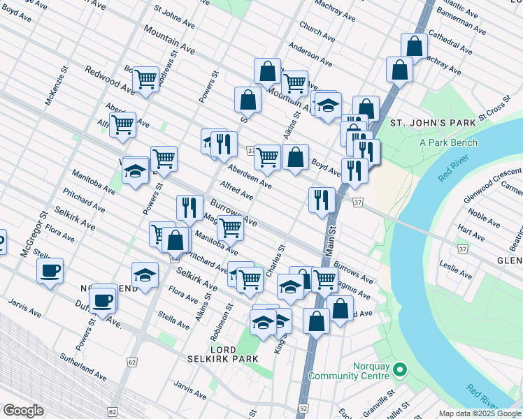 map of restaurants, bars, coffee shops, grocery stores, and more near 340 Alfred Avenue in Winnipeg